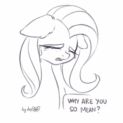 Size: 1280x1280 | Tagged: safe, artist:dsp2003, fluttershy, pegasus, pony, 2020, bust, crying, eyes closed, floppy ears, monochrome, open mouth, portrait, signature, simple background, single panel, sketch, speech bubble, white background