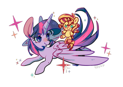 Size: 1280x908 | Tagged: safe, artist:phyllismi, derpibooru import, sunset shimmer, twilight sparkle, twilight sparkle (alicorn), alicorn, pony, unicorn, big ears, duo, female, flying, looking back, mare, plushie, simple background, sparkles, transparent background