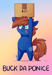 Size: 1280x1840 | Tagged: safe, artist:dsp2003, oc, oc:chillycube, earth pony, pony, 2020, bipedal, blushing, cardboard box, chibi, fuck the police, gradient background, holding, lifeloser-ish, male, open mouth, ponice, pun, pure unfiltered evil, signature