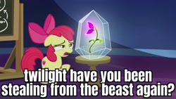 Size: 1920x1080 | Tagged: safe, derpibooru import, edit, edited screencap, screencap, apple bloom, growing up is hard to do, beauty and the beast, caption, flower, image macro, solo, text, wishing flower