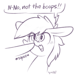 Size: 1024x1024 | Tagged: safe, artist:dsp2003, oc, oc:chillycube, pony, 2020, bipedal, blushing, boop, bust, chibi, comic, floppy ears, lifeloser-ish, male, monochrome, non-consensual booping, open mouth, portrait, scrunchy face, signature, simple background, single panel, sketch, squee, startled, white background