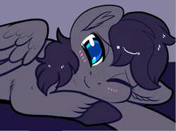 Size: 935x699 | Tagged: safe, anonymous artist, derpibooru import, oc, oc only, pegasus, pony, blushing, cute, drawthread, ear fluff, happy, one eye closed, solo, unshorn fetlocks