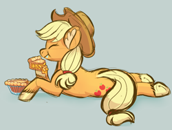 Size: 800x600 | Tagged: safe, anonymous artist, derpibooru import, applejack, earth pony, pony, apple, apple pie, colored hooves, cowboy hat, cute, drawthread, ear fluff, eating, eyes closed, female, food, hat, jackabetes, mare, pie, prone, simple background, solo, that pony sure does love apples, underhoof, unshorn fetlocks