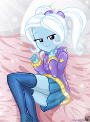 Size: 520x703 | Tagged: safe, alternate version, artist:charliexe, derpibooru import, trixie, equestria girls, alternate hairstyle, babysitter trixie, bed, bedroom, bedroom eyes, clothes, cute, diatrixes, female, hoodie, looking at you, schrödinger's pantsu, smiling at you, socks, solo, thigh highs, zettai ryouiki