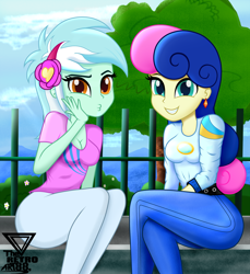 Size: 2400x2618 | Tagged: safe, artist:theretroart88, derpibooru import, bon bon, lyra heartstrings, sweetie drops, equestria girls, bench, clothes, duckface, duo, looking at you, sitting, tree