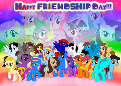 Size: 1280x909 | Tagged: safe, artist:andoanimalia, derpibooru import, applejack, fluttershy, pinkie pie, rainbow dash, rarity, spike, twilight sparkle, dragon, earth pony, pegasus, pony, unicorn, friendship day, mane six, rainbow