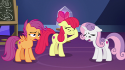 Size: 1920x1080 | Tagged: safe, derpibooru import, screencap, apple bloom, scootaloo, sweetie belle, growing up is hard to do, cutie mark crusaders, older