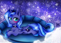 Size: 1118x797 | Tagged: safe, artist:meqiopeach, derpibooru import, princess luna, alicorn, pony, bed, big eyes, blushing, challenge, chest fluff, clothes, complex background, cute, dream, female, galaxy, jewelry, looking at you, lunabetes, lying on bed, mare, moon, necklace, on bed, prone, s1 luna, shiny, shoes, smiling, smiling at you, sofa bed, solo, stars