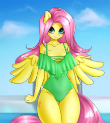 Size: 2684x3000 | Tagged: safe, artist:yutakira92, derpibooru import, fluttershy, anthro, pegasus, adorasexy, breasts, cleavage, clothes, cute, female, looking at you, mare, one-piece swimsuit, sexy, shyabetes, sky, solo, swimsuit, wings