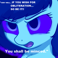 Size: 1920x1920 | Tagged: safe, artist:mellow91, artist:smoldix, derpibooru import, edit, oc, oc:anon filly, oc:tempesta, black background, bust, chest fluff, close-up, cropped, dialogue, female, filly, frown, furrowed brow, glowing eyes, open mouth, possessed, simple background, solo, text, white text