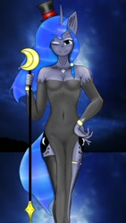 Size: 720x1280 | Tagged: safe, artist:mlpomizu, derpibooru import, princess luna, alicorn, anthro, clothes, dress, eyeshadow, gloves, hat, jewelry, makeup, necklace, one eye closed, scepter, wink