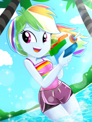 Size: 1800x2400 | Tagged: safe, artist:artmlpk, derpibooru import, rainbow dash, equestria girls, adorable face, adorasexy, adorkable, beach, beautiful, blue skin, board shorts, clothes, cloud, cute, dashabetes, digital art, dork, female, hair, happy, light, looking over shoulder, multicolored hair, ocean, open mouth, outdoors, palm tree, pink eyes, plant, pool toy, rainbow hair, sand, sexy, shiny skin, shorts, side slit, sky, sleeveless, smiley face, smiling, smiling at you, solo, stupid sexy rainbow dash, sunflare, super soaker, swimsuit, tree, water, watergun, watermark