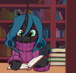 Size: 800x768 | Tagged: safe, artist:aisureimi, artist:trickynicky, derpibooru import, edit, queen chrysalis, changeling, changeling queen, insect, adorkable, book, bookshelf, clothes, cute, cute little fangs, cutealis, dork, dorkalis, fangs, female, focused, glasses, library, meganekko, nerd, reading, solo, sweater, sweater dress, turtleneck