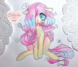 Size: 1080x930 | Tagged: safe, artist:dollbunnie, derpibooru import, fluttershy, pegasus, pony, blushing, colored pencil drawing, girly, messy mane, nervous, solo, traditional art