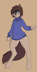 Size: 1175x2252 | Tagged: safe, artist:sneetymist, derpibooru exclusive, derpibooru import, oc, oc:lyla vitality, earth pony, pony, bipedal, blank flank, clothes, female, fluffy, fluffy sweater, half-wolf, solo, sweater