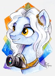 Size: 1024x1420 | Tagged: safe, artist:lailyren, derpibooru import, oc, oc only, oc:proskenion, crystal pony, actor, bust, camera, fanfic art, male, portrait, smiling, solo, stallion, traditional art, watercolor painting, yay