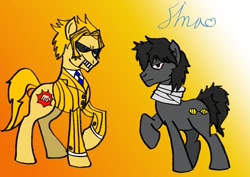 Size: 842x595 | Tagged: safe, artist:allme_allmight, derpibooru import, earth pony, pony, 2010s, 2019, all might, anime, clothes, crossover, digital art, eraserhead, male, my hero academia, ponified, suit