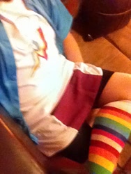 Size: 480x640 | Tagged: safe, derpibooru import, photographer:mr.sparkle, rainbow dash, human, bike shorts, clothes, crossdressing, crossplay, cutie mark, irl, irl human, legs, photo, rainbow socks, shirt, sitting, skirt, socks, solo, striped socks