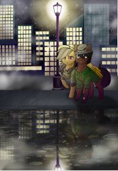 Size: 442x640 | Tagged: safe, artist:tillie-tmb, derpibooru import, daring do, oc, oc:phillip finder, fanfic:ponyville noire, city, clothes, hat, hug, looking offscreen, night, phiring, rain, reflection, storm, street lamp, vest, winghug, worried