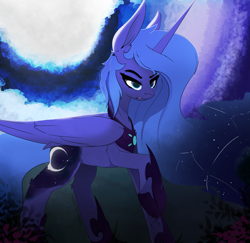 Size: 3603x3508 | Tagged: safe, artist:therealf1rebird, derpibooru import, princess luna, alicorn, pony, angry, armor, ethereal mane, female, grass, horn, moon, s1 luna, solo, starry mane, wings