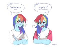 Size: 1074x800 | Tagged: safe, artist:dusty-munji, derpibooru import, rainbow dash, equestria girls, 2010s, 2017, angry, blushing, crossed arms, dialogue, english, female, korean, open mouth, solo, speech bubble, translation, tsundere