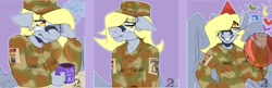Size: 1280x416 | Tagged: safe, artist:sintacle, derpibooru import, derpy hooves, anthro, pegasus, army, balloon, breasts, clothes, coffee, coffee mug, commission, confetti, derpy loaves, digital art, emotions, female, glasses, hat, looking at you, mug, party hat, simple background, smiling, smiling at you, solo, spread wings, wings