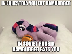Size: 666x500 | Tagged: safe, derpibooru import, edit, twilight sparkle, twilight sparkle (alicorn), alicorn, pony, bread, burger, caption, cheese, cheeseburger, customization, eating, female, food, hamburger, image macro, irl, lying down, mare, meat, meme, on side, photo, pillow, plushie, plushie eating a plushie, ponies eating meat, solo, text, that pony sure does love burgers, tomato