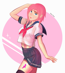 Size: 1050x1180 | Tagged: safe, artist:noah-x3, derpibooru import, oc, oc:neon flare, human, clothes, humanized, midriff, schoolgirl, solo, zettai ryouiki