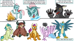 Size: 1280x720 | Tagged: safe, artist:termyotter, derpibooru import, gallus, ocellus, sandbar, silverstream, smolder, yona, changedling, changeling, classical hippogriff, dragon, earth pony, griffon, hippogriff, pony, werewolf, wolf, yak, bow, cloven hooves, colored hooves, dragoness, faint, female, fire, hair bow, jewelry, male, monkey swings, necklace, shapeshifting, simple background, student six, teenager, white background