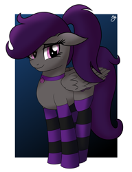 Size: 990x1290 | Tagged: safe, artist:ngnir, derpibooru import, oc, oc only, oc:violet shade, pegasus, pony, abstract background, choker, clothes, female, freckles, mare, socks, solo, striped socks
