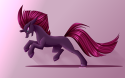 Size: 3200x2000 | Tagged: safe, artist:celes-969, derpibooru import, tempest shadow, pony, unicorn, action pose, angry, blank flank, broken horn, female, horn, mare, open mouth, pink background, simple background, solo