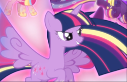 Size: 964x629 | Tagged: safe, derpibooru import, screencap, twilight sparkle, twilight sparkle (alicorn), alicorn, twilight's kingdom, cropped, determined, floating, glow, rainbow power, rainbow power-ified, smiling, solo