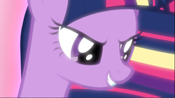 Size: 1668x939 | Tagged: safe, derpibooru import, screencap, twilight sparkle, twilight sparkle (alicorn), alicorn, twilight's kingdom, close-up, cropped, determined, evil grin, glow, grin, rainbow power, rainbow power-ified, smiling, smirk, solo