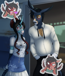 Size: 2736x3160 | Tagged: safe, artist:askbubblelee, derpibooru import, oc, oc only, oc:annie belle, oc:daniel dasher, oc:phineas pennypincher jr., anthro, donkey, dracony, dragon, hybrid, pony, angry, anthro oc, bedroom eyes, blushing, digital art, facial hair, female, lidded eyes, looking away, male, mare, moustache, stallion