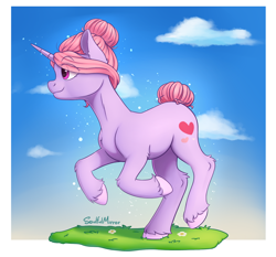 Size: 1500x1400 | Tagged: safe, artist:soulfulmirror, derpibooru import, oc, oc:maple blush, pony, unicorn, cloud, eye clipping through hair, female, hair bun, horn, mare, signature, solo