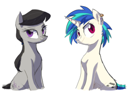 Size: 1400x1000 | Tagged: safe, artist:yaaaco, derpibooru import, dj pon-3, octavia melody, vinyl scratch, earth pony, pony, unicorn, alternate hairstyle, ear piercing, earring, female, jewelry, lesbian, mare, piercing, scratchtavia, shipping, simple background, smiling, smirk, white background