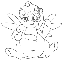 Size: 2000x2000 | Tagged: safe, artist:worstsousaphonehorse, derpibooru import, oc, oc:comfy pillow, pegasus, chubby, fat, featureless crotch, female, lip bite, monochrome, on back, sketch, solo, spread legs, spreading, squishy