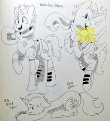 Size: 931x1024 | Tagged: safe, artist:neonkalistar202, derpibooru import, pony, unicorn, bone, boots, clothes, crossover, ink drawing, korean, magic, papyrus (undertale), ponified, scarf, shoes, smiling, solo, traditional art, undertale