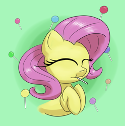 Size: 2731x2757 | Tagged: safe, artist:itchystomach, derpibooru import, fluttershy, pegasus, pony, candy, colored, cute, digital art, eyes closed, female, food, happy, lollipop, mare, shyabetes, solo