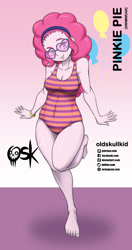 Size: 984x1860 | Tagged: safe, artist:oldskullkid, derpibooru import, pinkie pie, equestria girls, barefoot, belly button, breasts, cleavage, clothes, feet, female, glasses, legs, one-piece swimsuit, solo, sunglasses, swimsuit, thighs