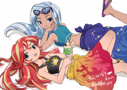 Size: 2523x1800 | Tagged: safe, artist:tz036, derpibooru import, edit, editor:michaelsety, sunset shimmer, trixie, better together, equestria girls, forgotten friendship, adorasexy, bikini, clothes, cute, drink, duo, duo female, feet, female, geode of empathy, human coloration, japanese, jewelry, magical geodes, necklace, on back, prone, raised leg, sandals, sarong, sexy, simple background, smiling, sunglasses, swimsuit, white background