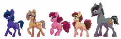 Size: 2673x880 | Tagged: safe, artist:celestial-rainstorm, derpibooru import, oc, oc only, oc:azurite, oc:cherry chimichanga, oc:confetti cake, oc:iron forge, oc:sandstone pie, earth pony, pony, female, mare, offspring, parent:cheese sandwich, parent:limestone pie, parent:marble pie, parent:maud pie, parent:mud briar, parent:pinkie pie, parent:quibble pants, parent:trouble shoes, parents:cheesepie, parents:marbleshoes, parents:maudbriar, parents:quibblestone, simple background, stalion, white background