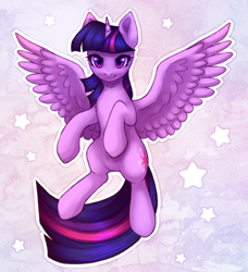 Size: 2200x2408 | Tagged: safe, artist:avrameow, derpibooru import, twilight sparkle, twilight sparkle (alicorn), alicorn, pony, abstract background, female, flying, horn, looking at you, mare, solo, spread wings, stars, wings