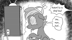 Size: 1200x675 | Tagged: safe, artist:pony-berserker, derpibooru import, button mash, earth pony, pony, pony-berserker's twitter sketches, colt, hat, hypnosis, hypnotized, implied cream heart, male, monochrome, offscreen character, propeller hat, stippling, swirly eyes, tetris, this will end in grounding, video game