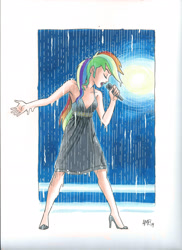 Size: 1700x2338 | Tagged: safe, artist:tonyfleecs, derpibooru import, editor:michaelsety, rainbow dash, equestria girls, armpits, black dress, clothes, drenched, dress, female, high heels, human coloration, lipstick, little black dress, microphone, rain, rainbow dash always dresses in style, shoes, singing, singing in the rain, sleeveless, soaked, solo, spotlight, traditional art, wet, wet clothes