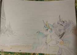 Size: 3650x2639 | Tagged: safe, derpibooru import, princess celestia, princess luna, alicorn, pony, alternate hairstyle, beach, colored pencil drawing, crown, eyes closed, hair bun, hairpin, happy, holiday, jewelry, mount aris, open mouth, ponytail, regalia, smiling, spread wings, summer, traditional art, vacation, wings