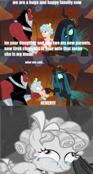 Size: 972x1809 | Tagged: safe, derpibooru import, edit, edited screencap, screencap, cozy glow, lord tirek, queen chrysalis, alicorn, centaur, changeling, changeling queen, pegasus, frenemies (episode), bad edit, family, teary eyes