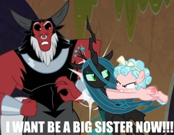 Size: 1391x1078 | Tagged: safe, derpibooru import, edit, edited screencap, screencap, cozy glow, lord tirek, queen chrysalis, alicorn, centaur, changeling, changeling queen, pegasus, caption, chrysirek, female, forced, image macro, male, shipper on deck, shipping, straight, text