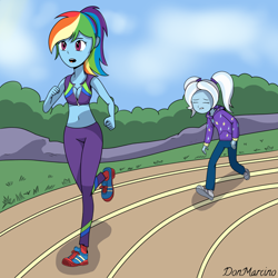 Size: 3000x3000 | Tagged: safe, artist:donmarcino, derpibooru import, rainbow dash, trixie, human, equestria girls, alternate costumes, alternate hairstyle, babysitter trixie, belly button, breasts, buckball fan gear rainbow dash, cleavage, clothes, exhausted, female, gameloft, gameloft interpretation, grass, hoodie, jacket, midriff, open clothes, open mouth, open shirt, pants, pigtails, ponytail, race track, running, shoes, shorts, sky, sleeveless, sneakers, socks, sports bra, sports shoes, sports shorts, stars, sweatpants, tracksuit, twintails, zipper