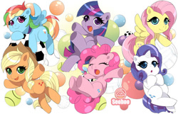 Size: 794x510 | Tagged: safe, artist:booseo, derpibooru import, applejack, fluttershy, pinkie pie, rainbow dash, rarity, twilight sparkle, earth pony, pegasus, pony, unicorn, ball, mane six, sports, tennis ball, volleyball